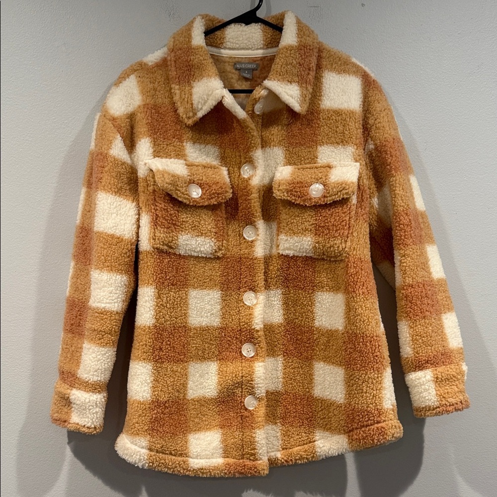 Falls Creek Tan and Cream Plaid Sherpa Jacket